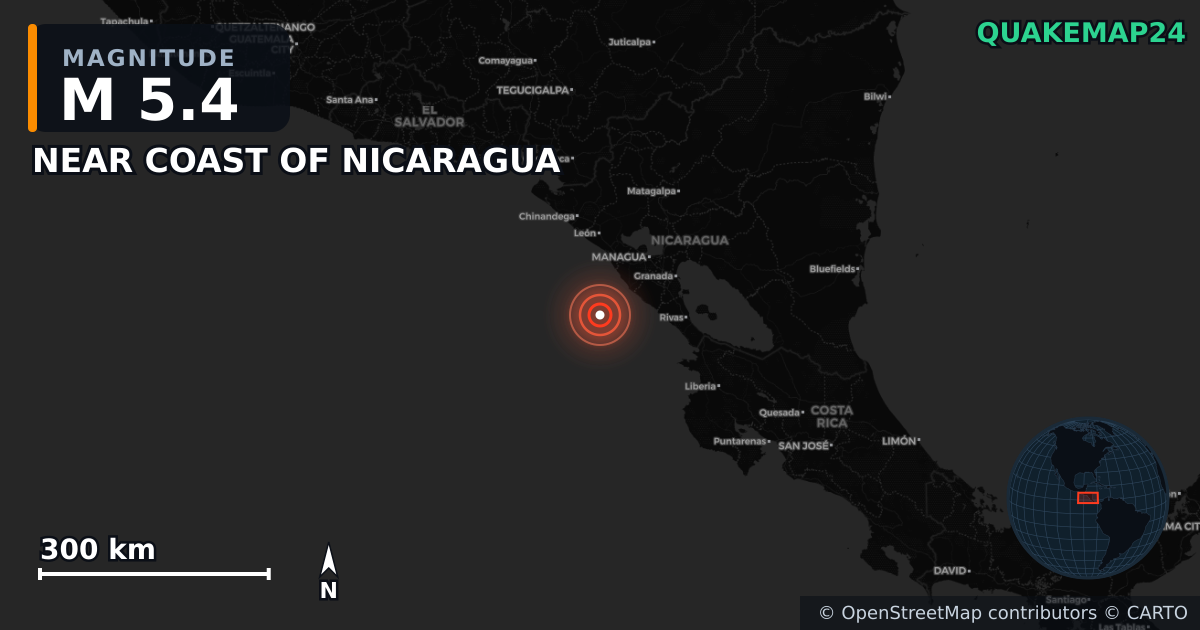 M5.4 earthquake near NEAR COAST OF NICARAGUA on Mar 30, 2026 — map of epicenter and shaking intensity | QuakeMap24