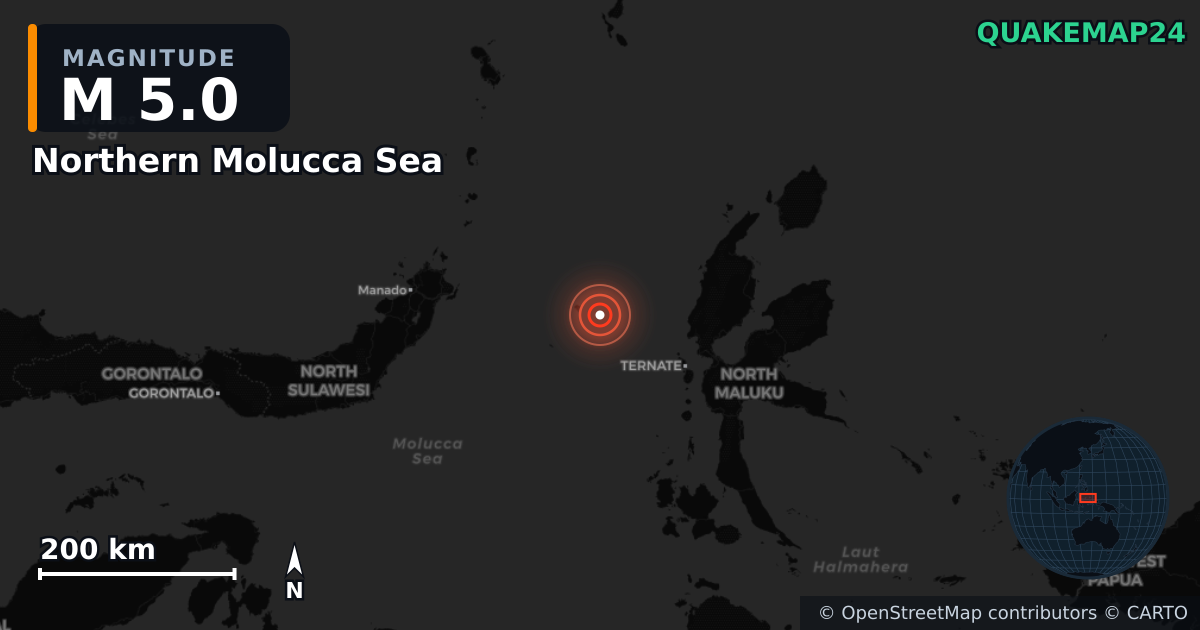 Erdbeben M5,0 bei Northern Molucca Sea — Karte der Lage des Epizentrums