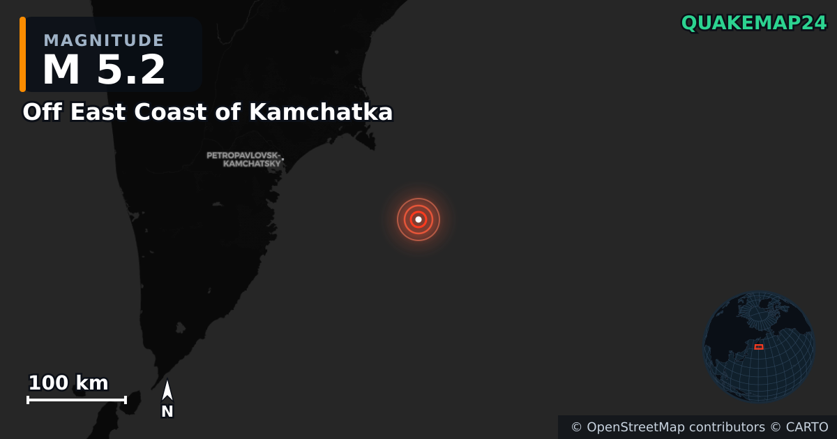 M5.2 earthquake near Off East Coast of Kamchatka on Jul 30, 2025 — map of epicenter and shaking intensity | QuakeMap24