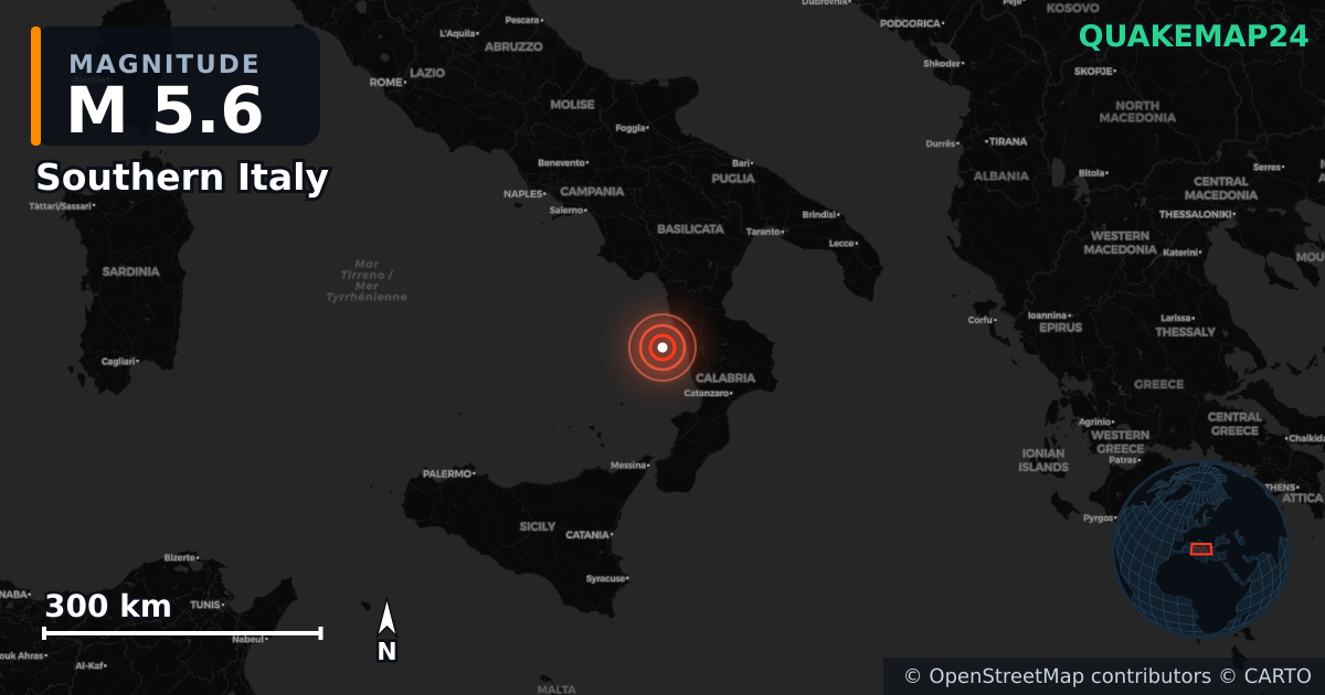 M5.6 earthquake near Southern Italy on Jun 1, 2026 — map of epicenter and shaking intensity | QuakeMap24