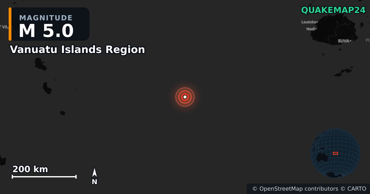 M5.0 Earthquake near Vanuatu Islands Region · 2025-06-12 — Map showing the location of the epicenter