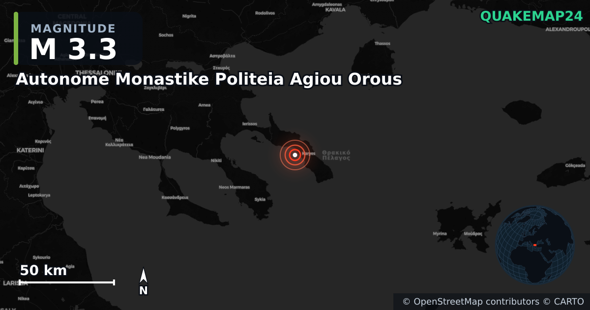 M3.3 earthquake near Autonome Monastike Politeia Agiou Orous on Jan 21, 2026 — map of epicenter and shaking intensity | QuakeMap24