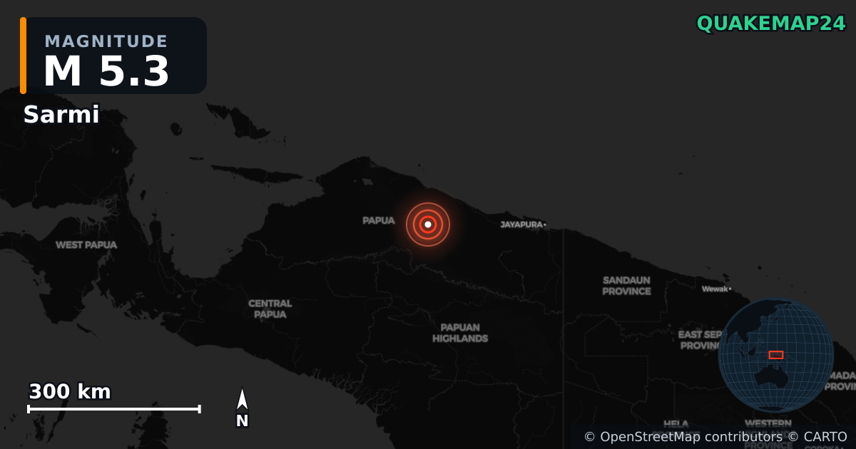 M5.3 earthquake near Sarmi on Jul 24, 2026 — map of epicenter and shaking intensity | QuakeMap24
