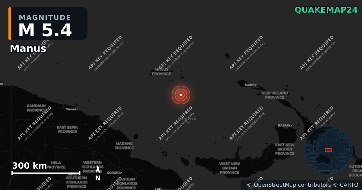 M5.4 earthquake near Manus on May 15, 2026 — map of epicenter and shaking intensity | QuakeMap24