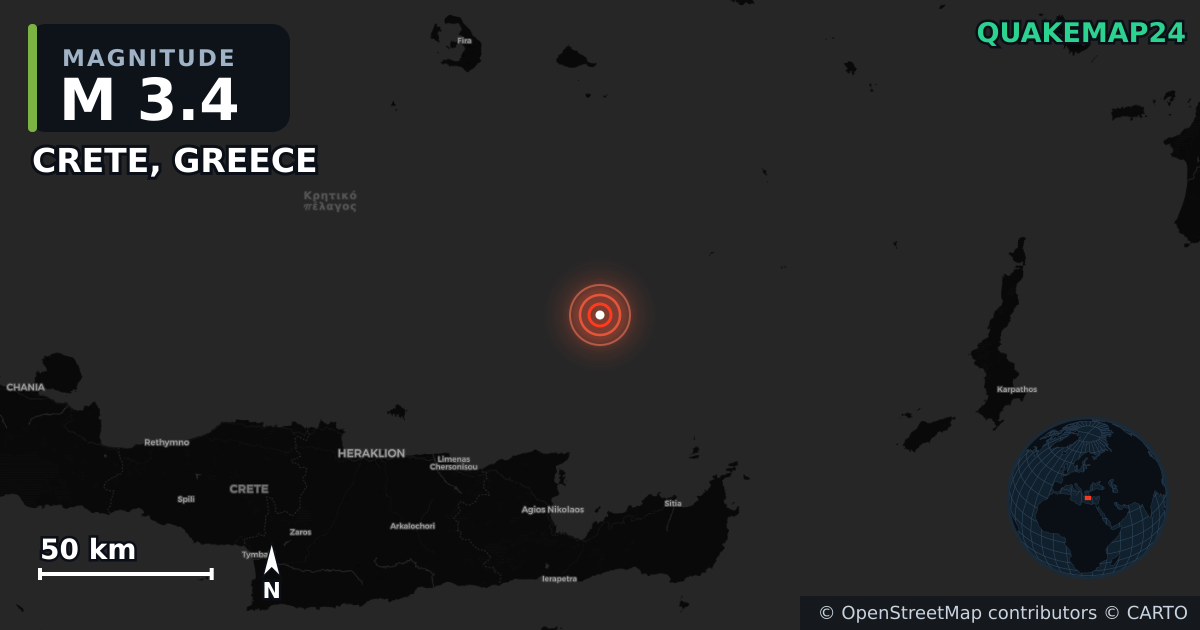 M3.4 earthquake near CRETE, GREECE on May 22, 2025 — map of epicenter and shaking intensity | QuakeMap24