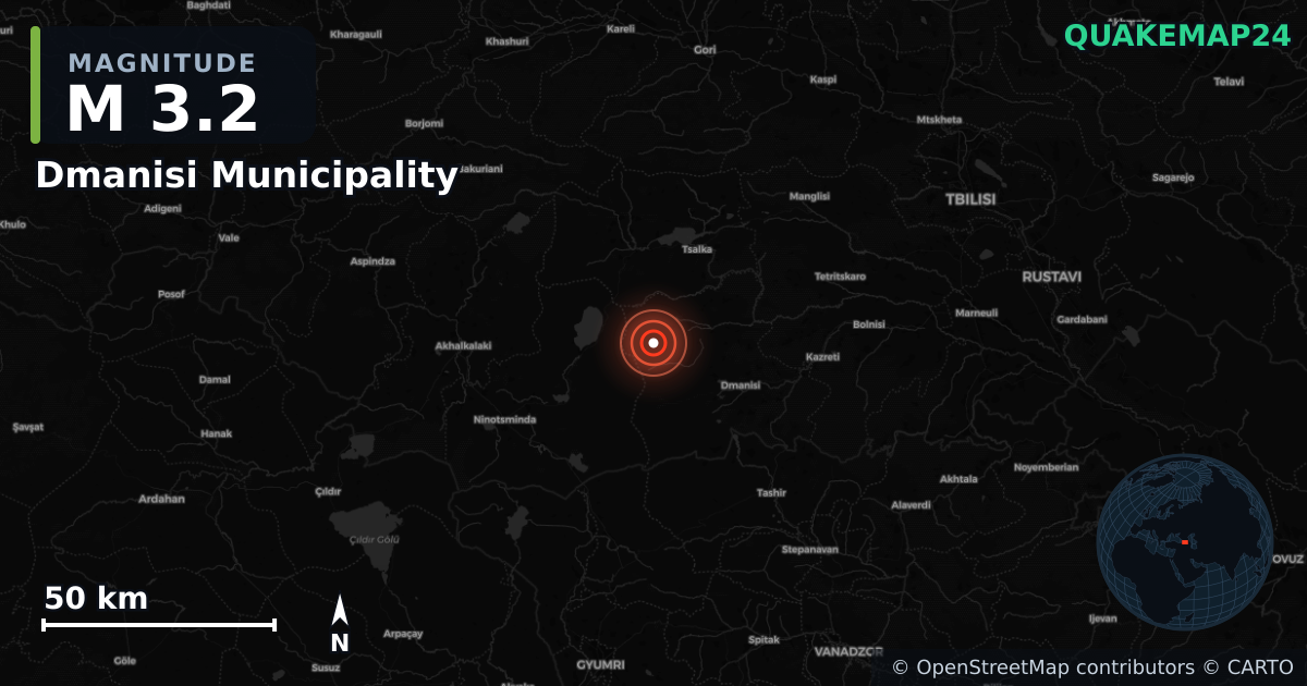 M3.2 earthquake near Dmanisi Municipality on Jul 2, 2026 — map of epicenter and shaking intensity | QuakeMap24