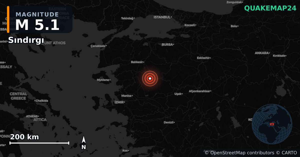M5.1 earthquake near Sındırgı on Sep 21, 2025 — map of epicenter and shaking intensity | QuakeMap24
