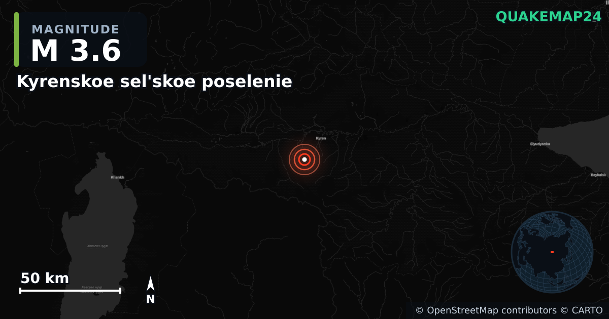M3.6 earthquake near Kyrenskoe sel'skoe poselenie on Jul 14, 2026 — map of epicenter and shaking intensity | QuakeMap24