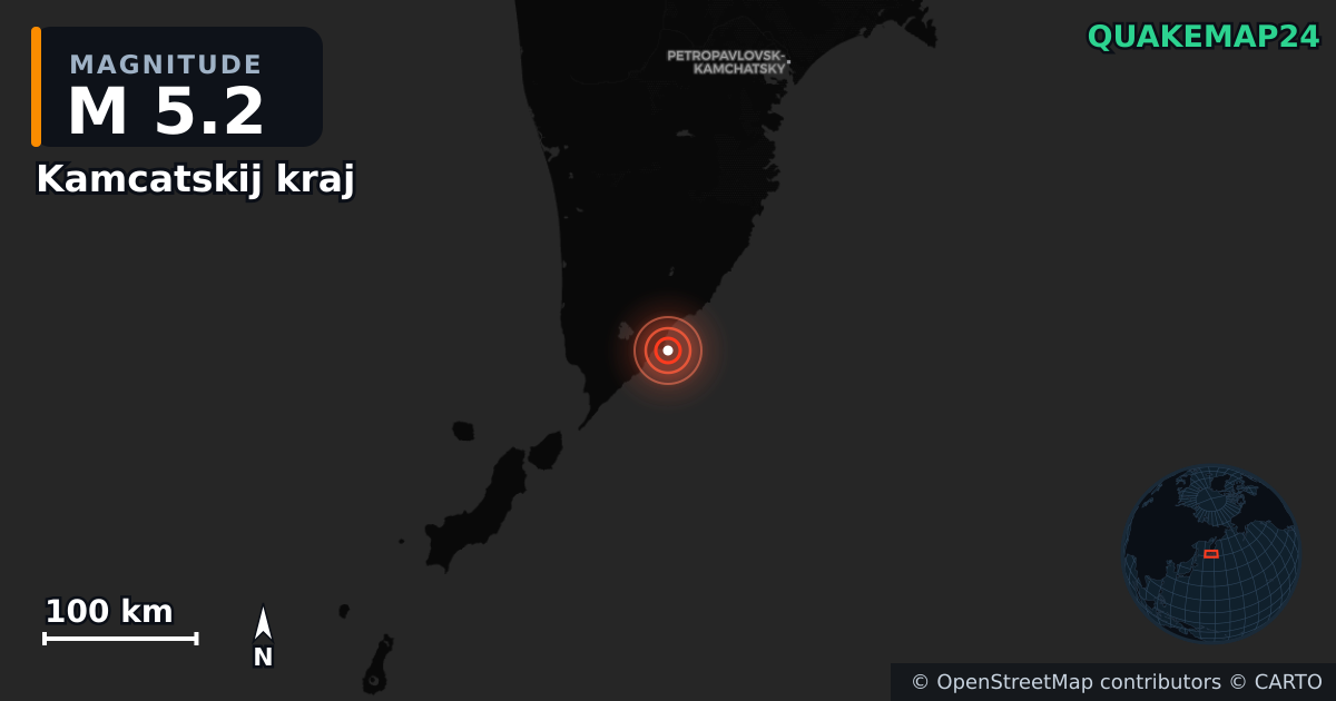 M5.2 earthquake near Kamcatskij kraj on Aug 10, 2025 — map of epicenter and shaking intensity | QuakeMap24