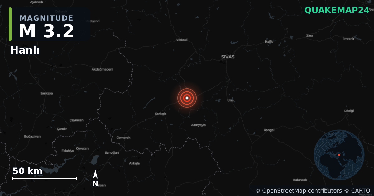 Hanlı, Sivas (Türkiye) yakınında M3,2 deprem · 2026-10-24 — Deprem merkez üssünün konumunu gösteren harita