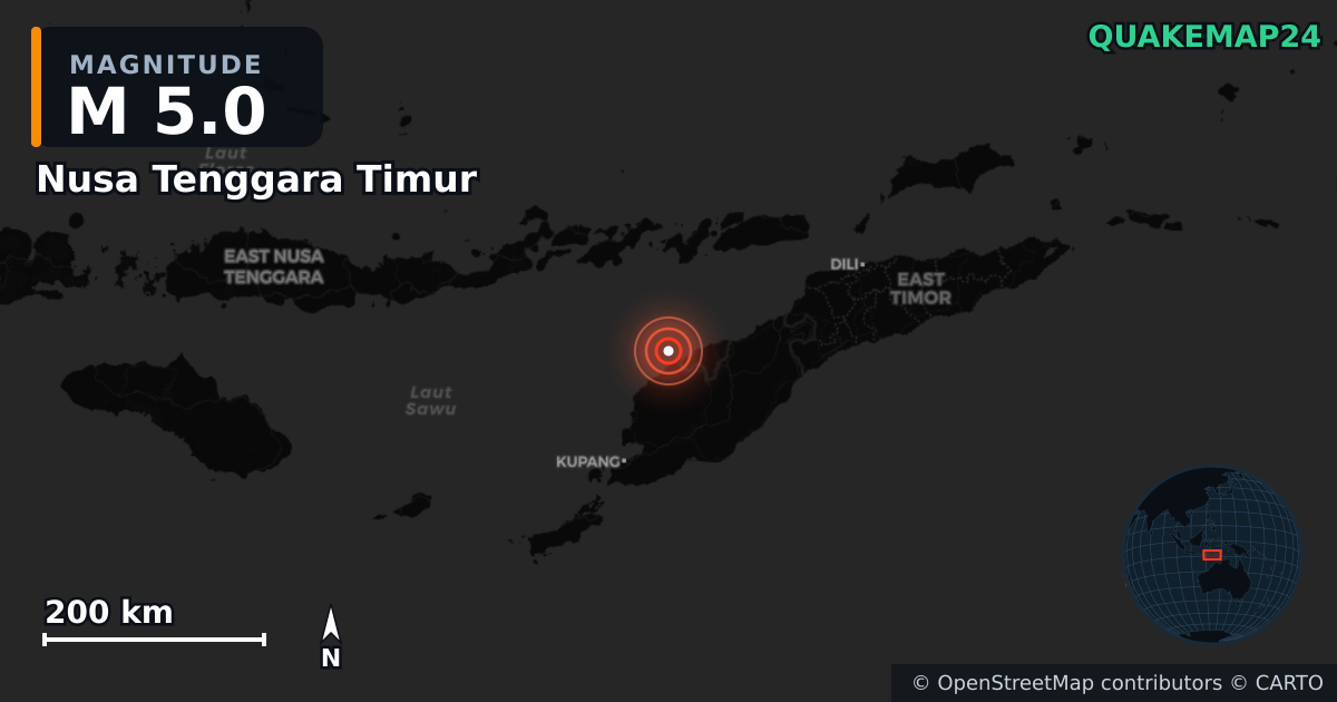 M5.0 earthquake near Nusa Tenggara Timur on Aug 25, 2025 — map of epicenter and shaking intensity | QuakeMap24