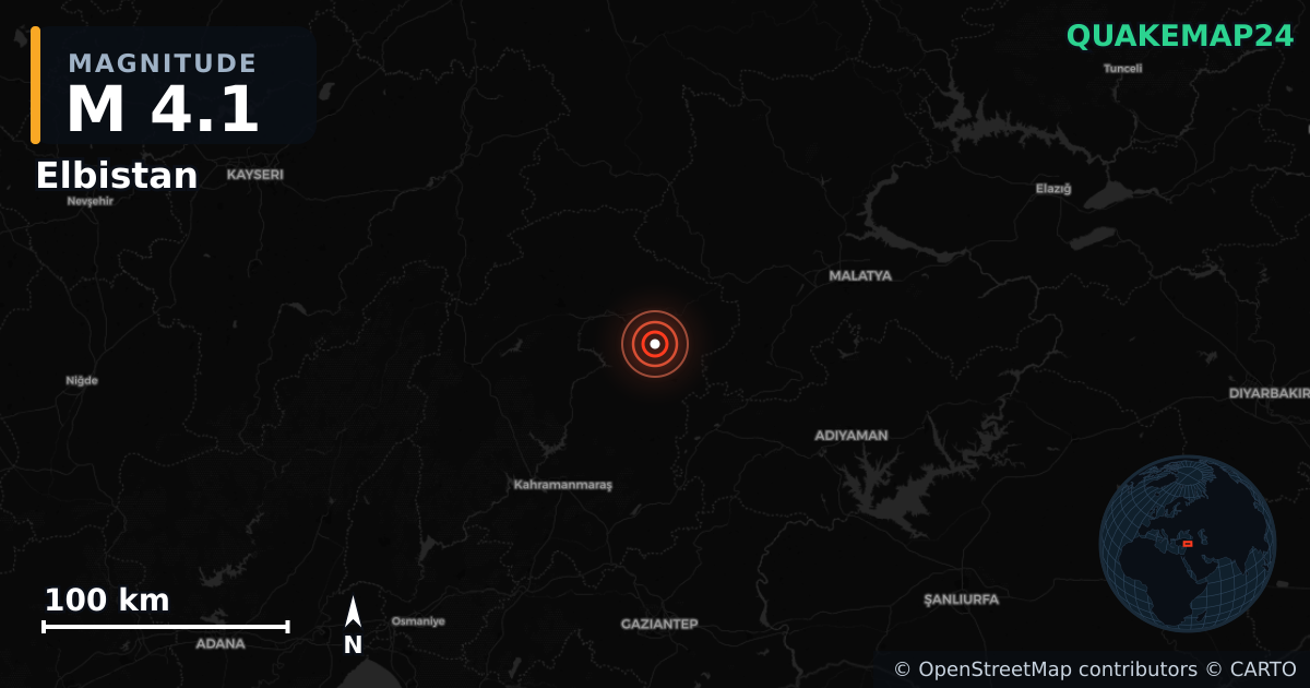 M4.1 earthquake near Elbistan on Aug 24, 2025 — map of epicenter and shaking intensity | QuakeMap24