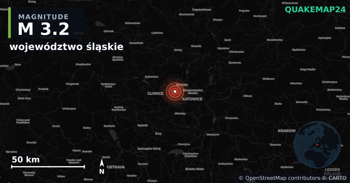 M3.2 earthquake near województwo śląskie on Oct 14, 2025 — map of epicenter and shaking intensity | QuakeMap24
