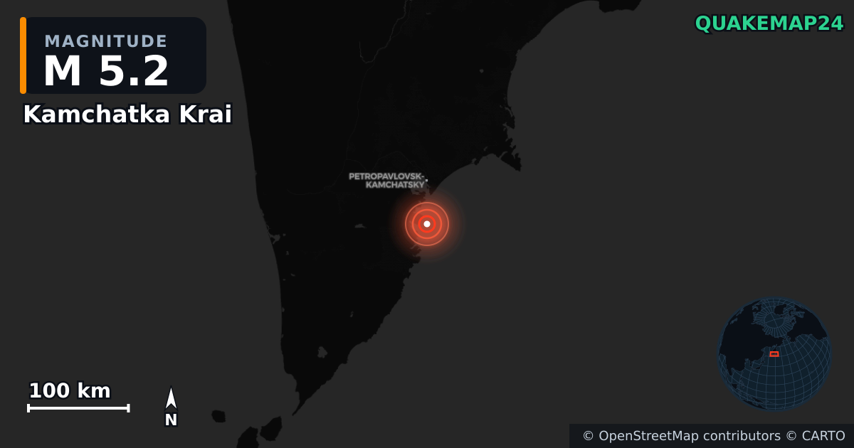 M5.2 earthquake near Kamchatka Krai on Apr 25, 2026 — map of epicenter and shaking intensity | QuakeMap24