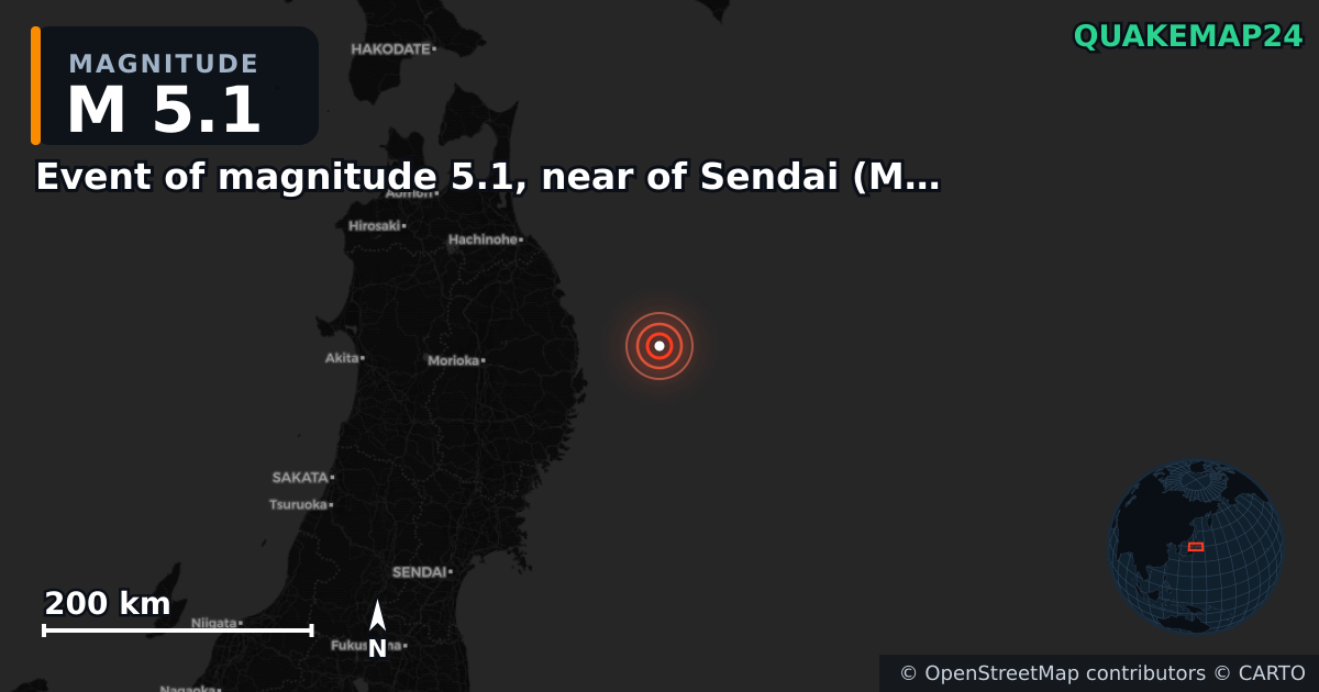 M5.1 earthquake near Event of magnitude 5.1, near of Sendai (Monde) on Mar 26, 2026 — map of epicenter and shaking intensity | QuakeMap24