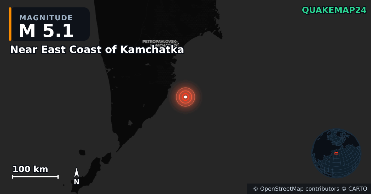M5.1 earthquake near Near East Coast of Kamchatka on Jul 30, 2025 — map of epicenter and shaking intensity | QuakeMap24