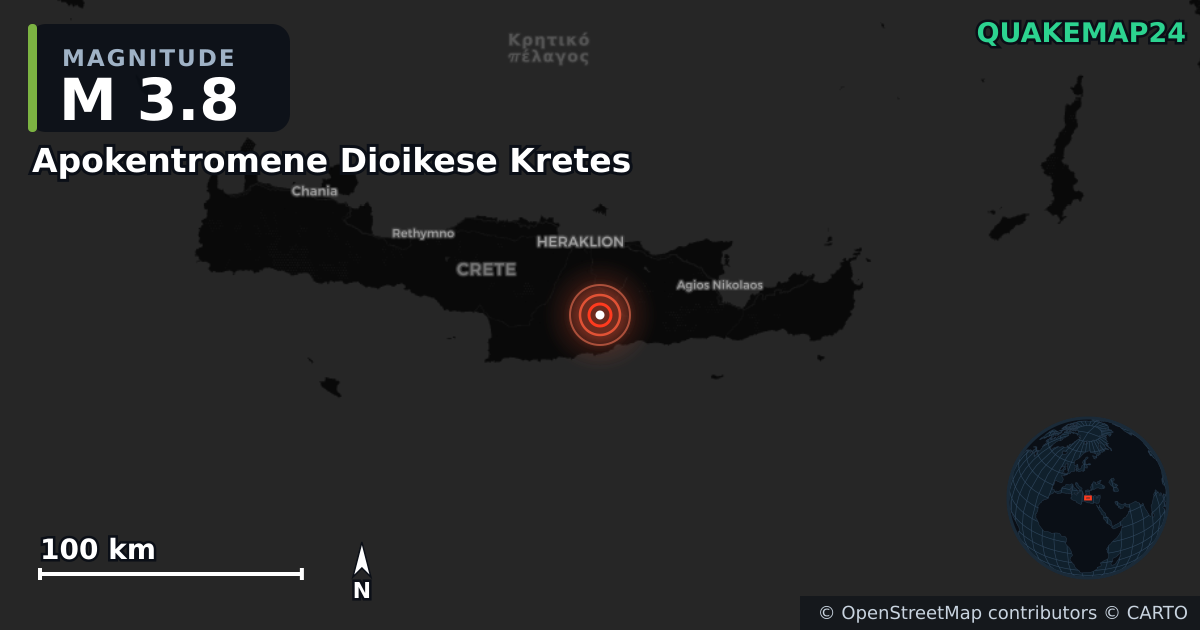 M3.8 earthquake near Apokentromene Dioikese Kretes on Jun 1, 2025 — map of epicenter and shaking intensity | QuakeMap24