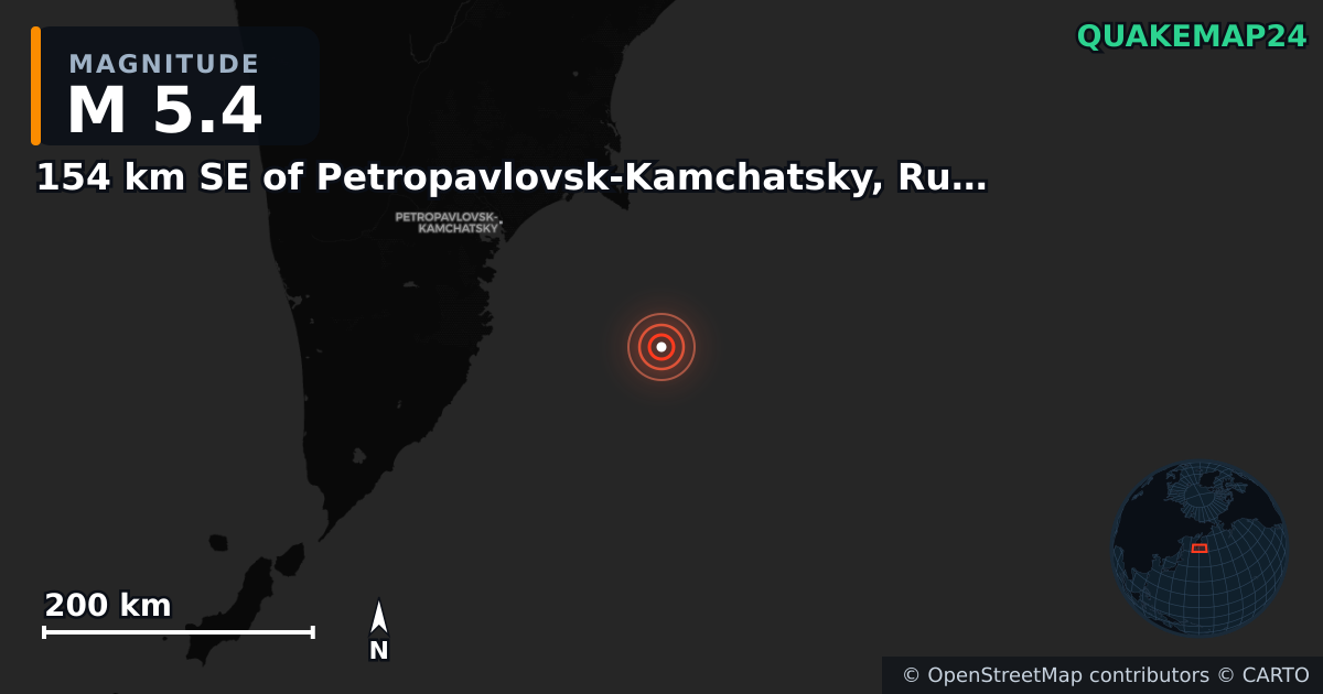 M5.4 earthquake near 154 km SE of Petropavlovsk-Kamchatsky, Russia on Aug 23, 2025 — map of epicenter and shaking intensity | QuakeMap24