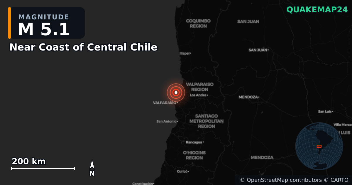 M5.1 earthquake near Near Coast of Central Chile on May 31, 2026 — map of epicenter and shaking intensity | QuakeMap24