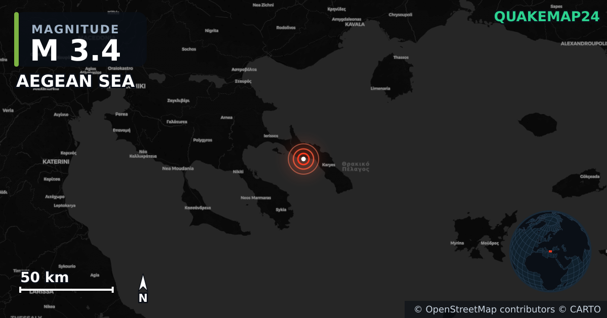 M3.4 earthquake near AEGEAN SEA on Jun 14, 2025 — map of epicenter and shaking intensity | QuakeMap24