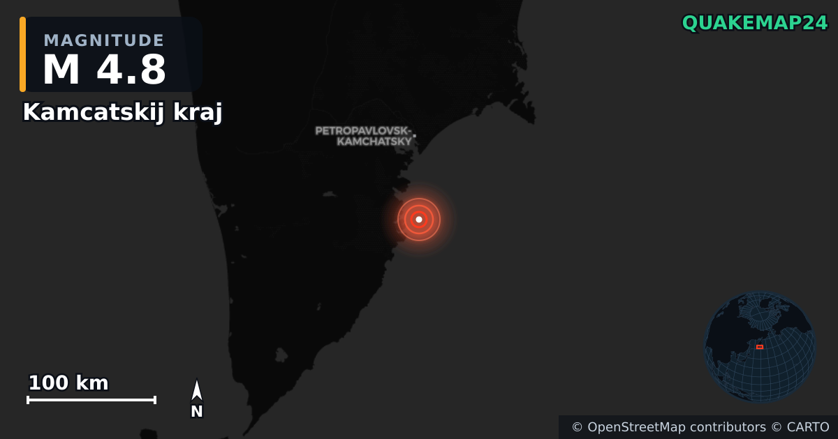 M4.8 earthquake near Kamcatskij kraj on Aug 2, 2025 — map of epicenter and shaking intensity | QuakeMap24