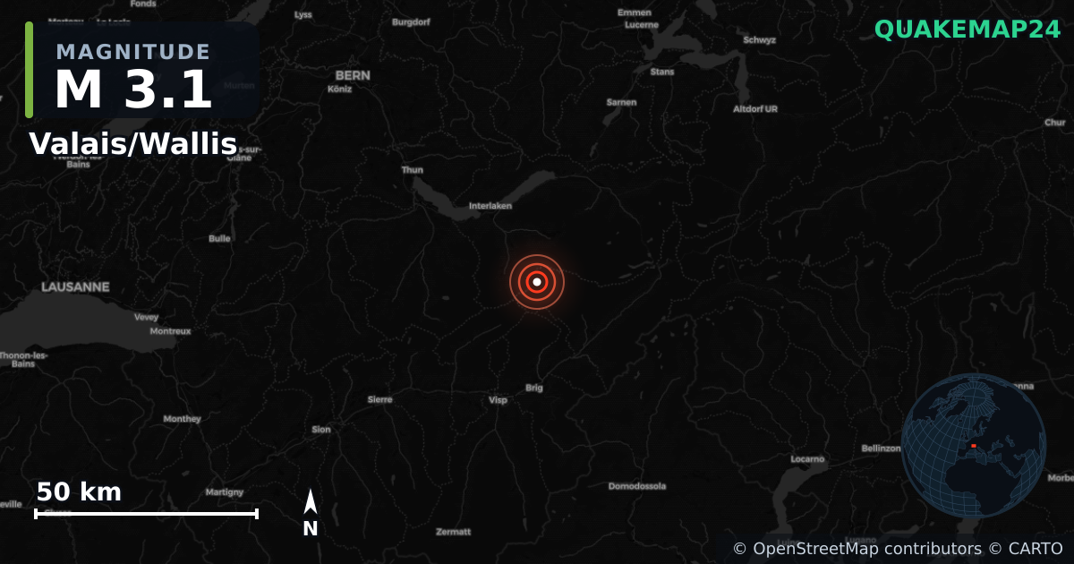 M3.1 earthquake near Valais/Wallis on May 4, 2025 — map of epicenter and shaking intensity | QuakeMap24