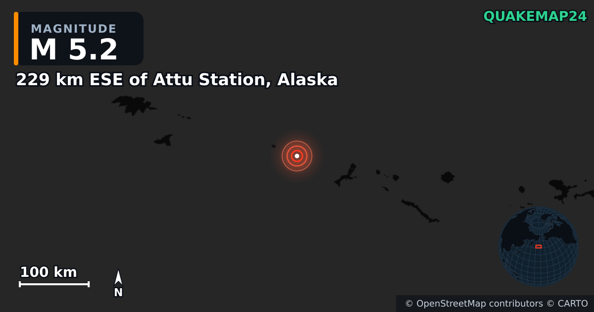 Erdbeben M5,2 bei 229 km ESE of Attu Station, Alaska — Karte der Lage des Epizentrums