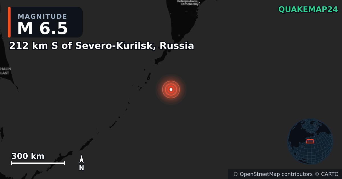 M6.5 earthquake near 212 km S of Severo-Kurilsk, Russia on Aug 4, 2025 — map of epicenter and shaking intensity | QuakeMap24