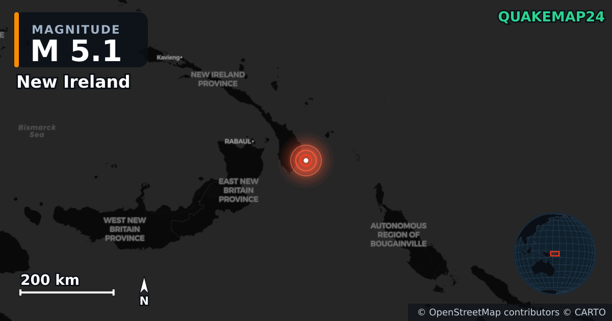M5.1 earthquake near New Ireland on Dec 26, 2025 — map of epicenter and shaking intensity | QuakeMap24