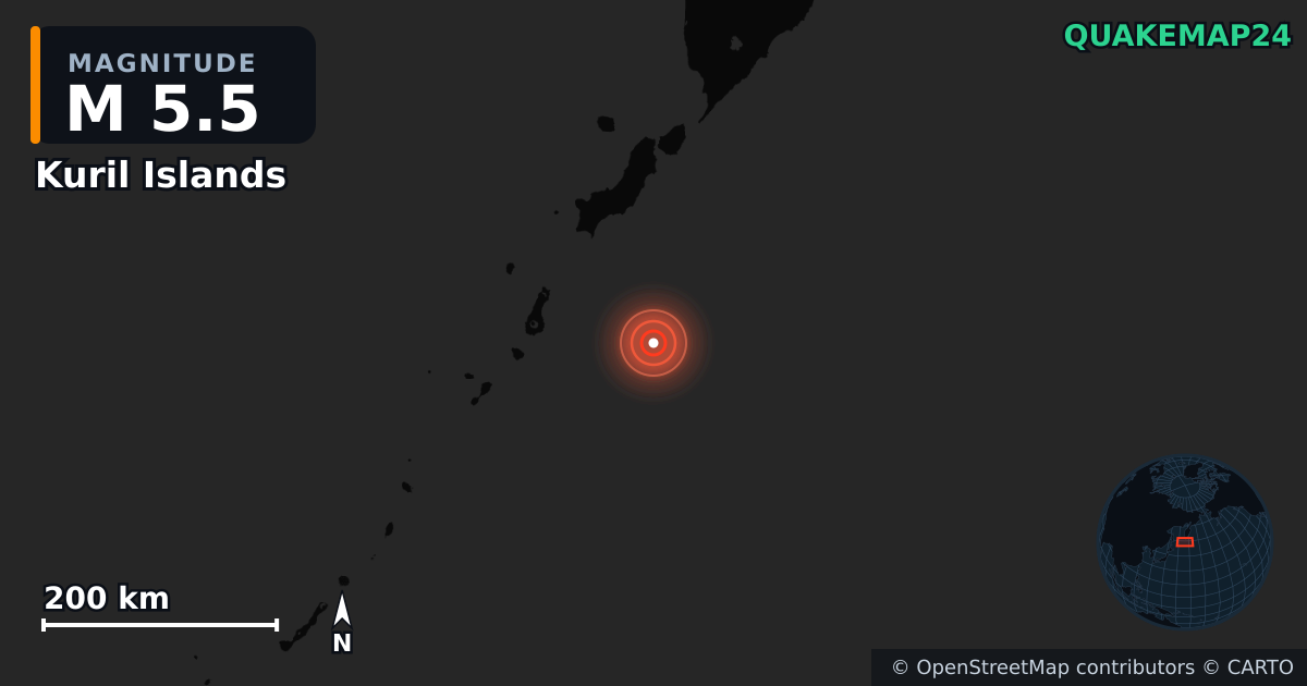M5.5 earthquake near Kuril Islands on Aug 4, 2025 — map of epicenter and shaking intensity | QuakeMap24