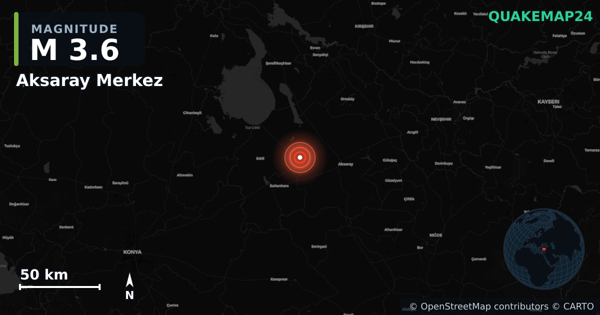 M3.6 earthquake near Aksaray Merkez on Feb 15, 2026 — map of epicenter and shaking intensity | QuakeMap24