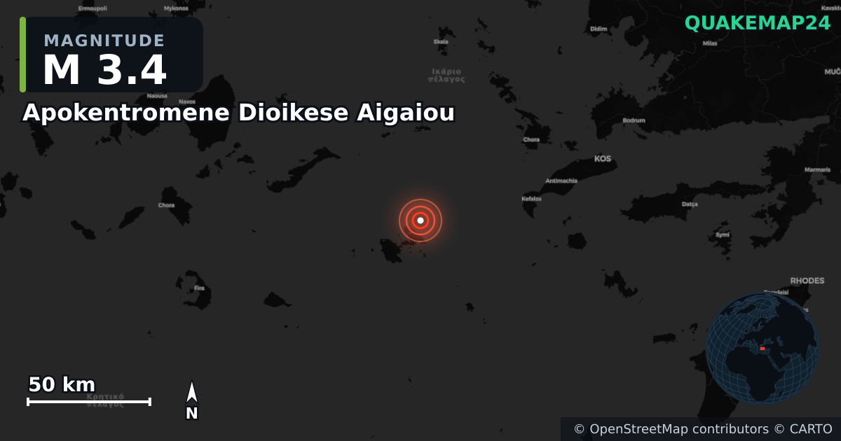 M3.4 earthquake near Apokentromene Dioikese Aigaiou on Oct 19, 2025 — map of epicenter and shaking intensity | QuakeMap24