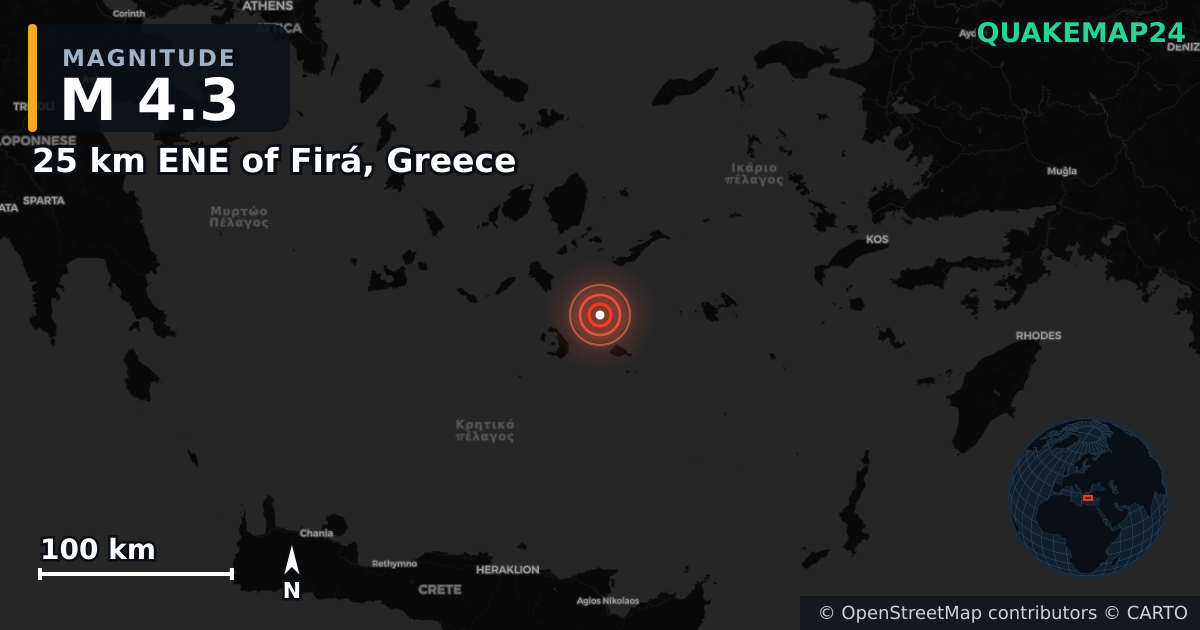25 km ENE of Firá, Greece yakınında M4,3 deprem · 2025-02-12 — Deprem merkez üssünün konumunu gösteren harita