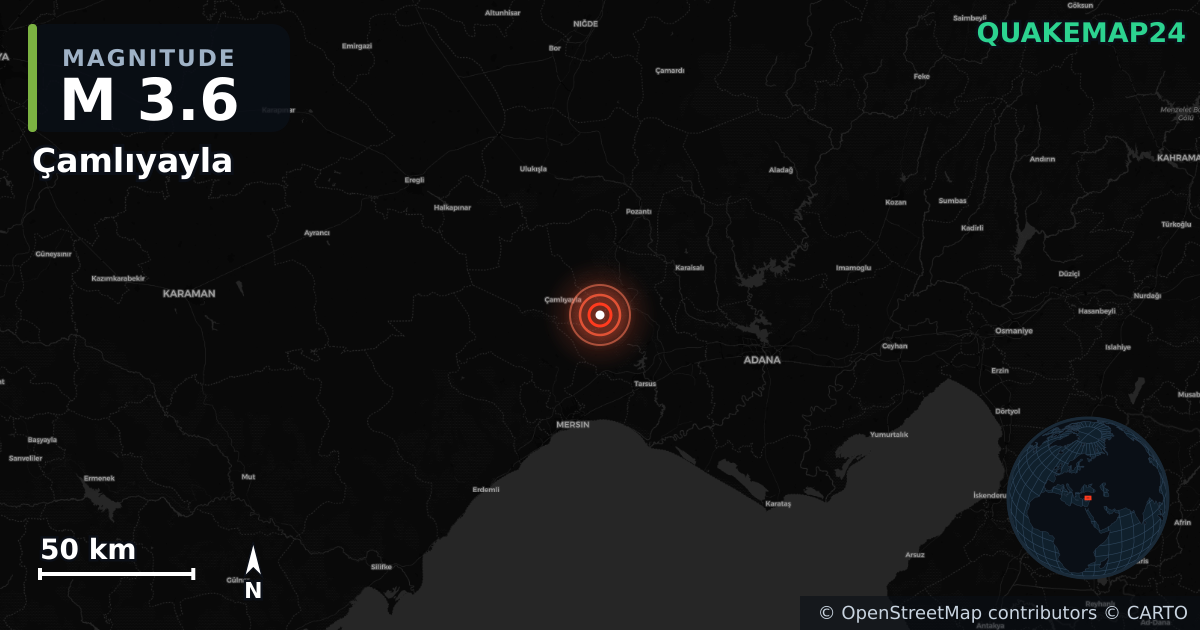 M3.6 earthquake near Çamlıyayla on Jul 12, 2026 — map of epicenter and shaking intensity | QuakeMap24