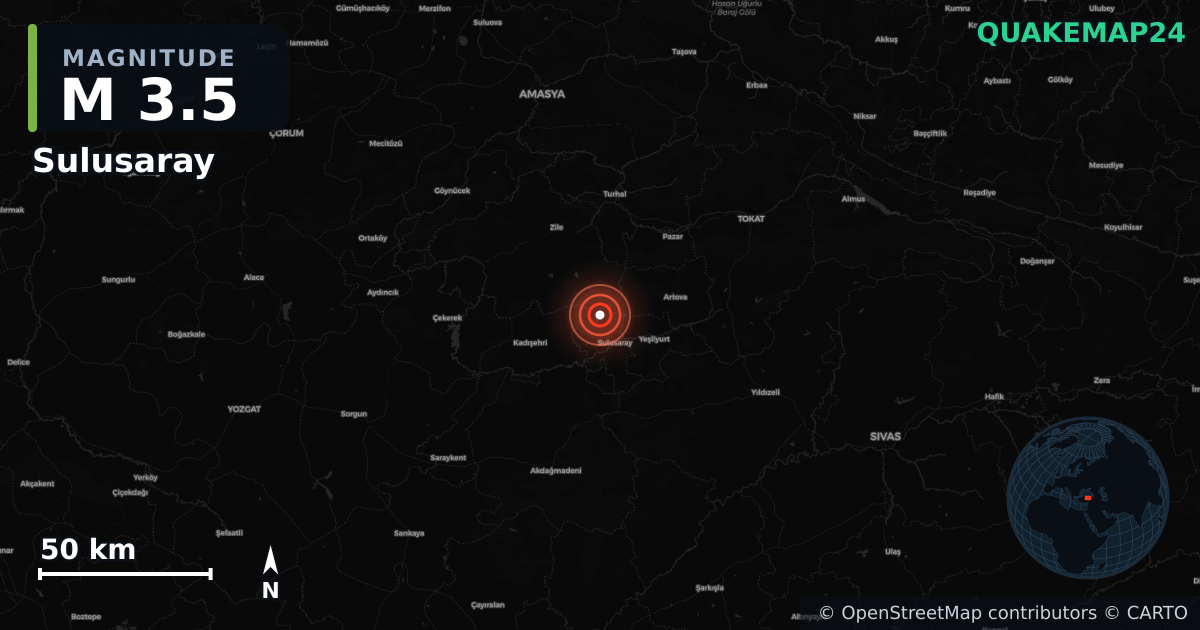 M3.5 earthquake near Sulusaray on Aug 20, 2025 — map of epicenter and shaking intensity | QuakeMap24