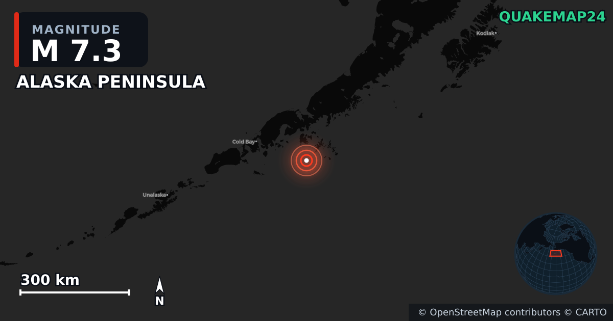 M7.3 earthquake near ALASKA PENINSULA on Jul 16, 2025 — map of epicenter and shaking intensity | QuakeMap24