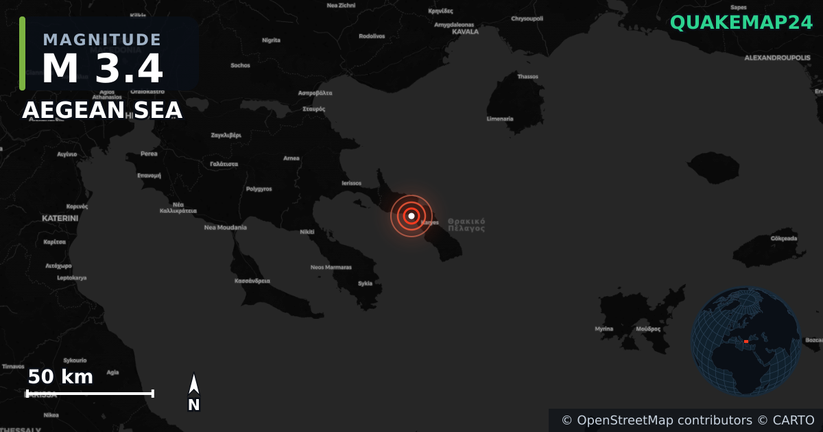 M3.4 earthquake near AEGEAN SEA on Jun 7, 2025 — map of epicenter and shaking intensity | QuakeMap24
