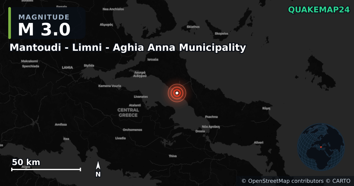 M3.0 earthquake near Mantoudi - Limni - Aghia Anna Municipality on Aug 5, 2026 — map of epicenter and shaking intensity | QuakeMap24