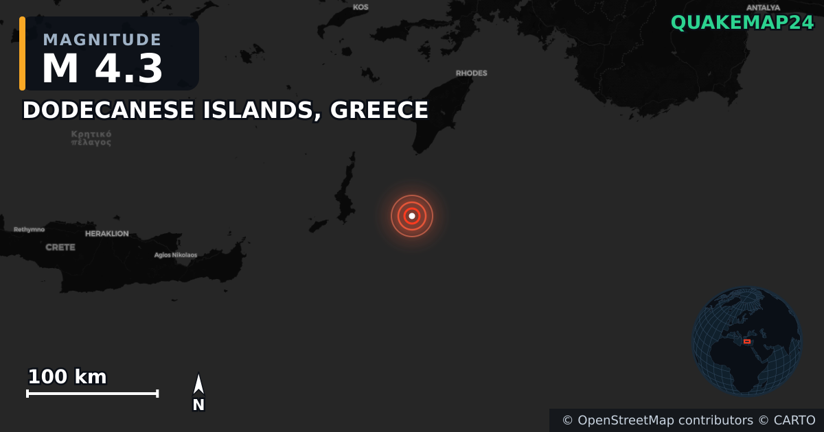 M4.3 earthquake near DODECANESE ISLANDS, GREECE on May 18, 2026 — map of epicenter and shaking intensity | QuakeMap24