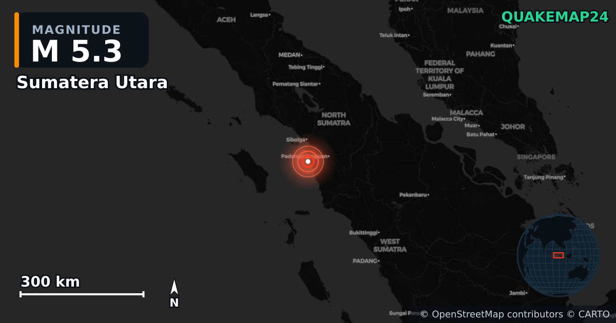 M5.3 earthquake near Sumatera Utara on Aug 7, 2025 — map of epicenter and shaking intensity | QuakeMap24