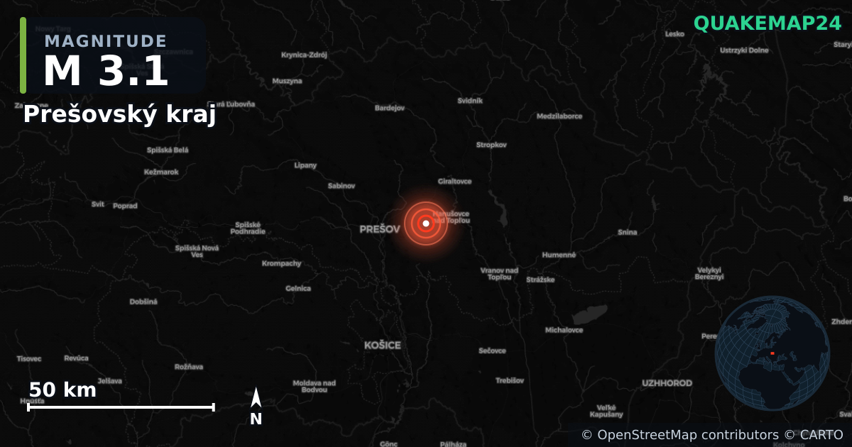 M3.1 earthquake near Prešovský kraj on Dec 14, 2025 — map of epicenter and shaking intensity | QuakeMap24