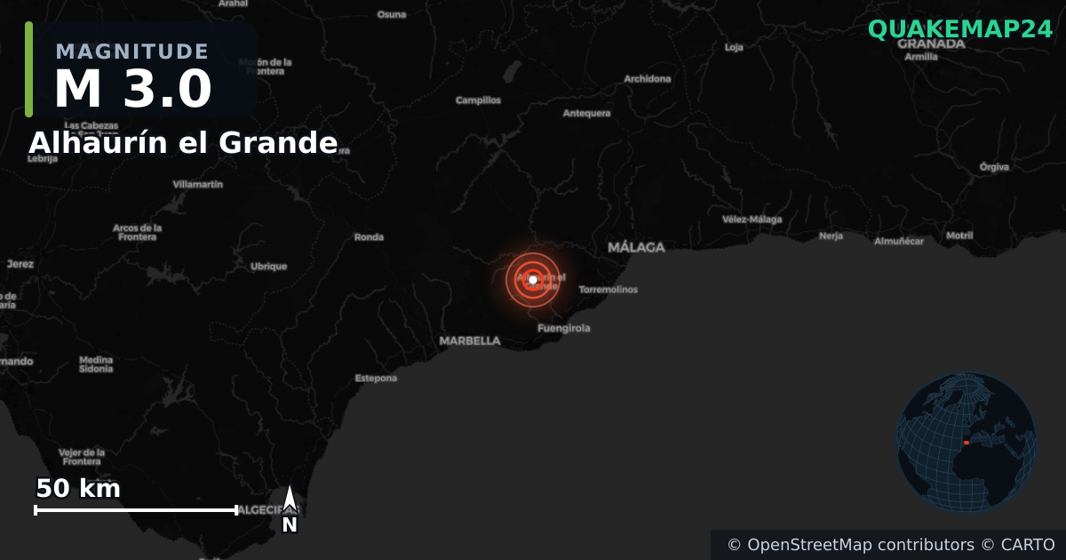 M3.0 earthquake near Alhaurín el Grande on Jul 17, 2026 — map of epicenter and shaking intensity | QuakeMap24