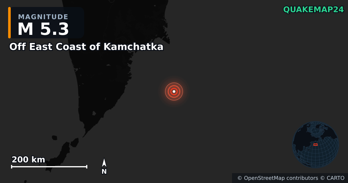 M5.3 earthquake near Off East Coast of Kamchatka on Aug 23, 2025 — map of epicenter and shaking intensity | QuakeMap24