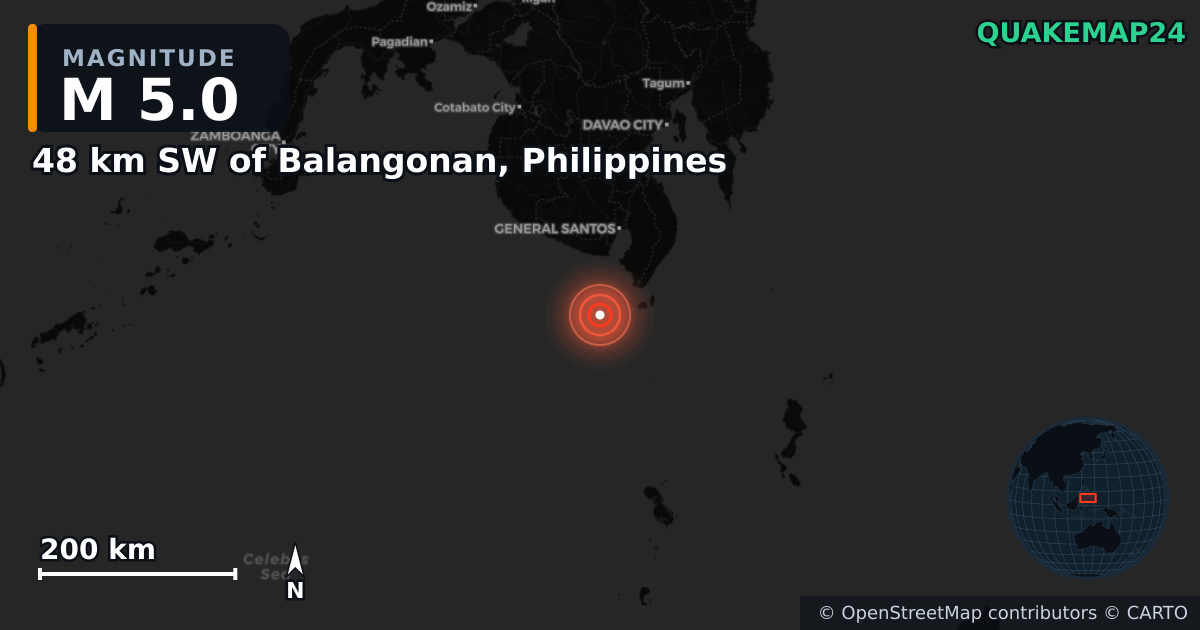 M5.0 earthquake near 48 km SW of Balangonan, Philippines on Jul 29, 2026 — map of epicenter and shaking intensity | QuakeMap24