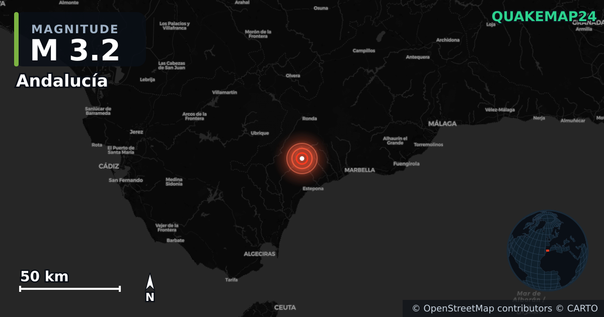 M3.2 earthquake near Andalucía on Dec 1, 2025 — map of epicenter and shaking intensity | QuakeMap24
