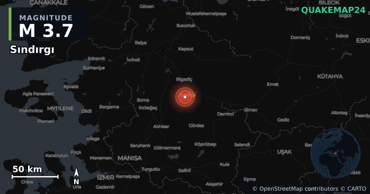 Terremoto de M3,7 cerca de Sındırgı (Turquía) · 2025-12-13 — Mapa de la ubicación del epicentro