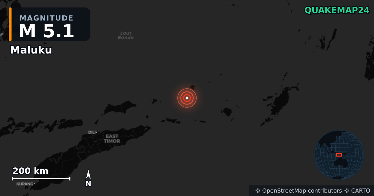 M5.1 earthquake near Maluku on Jun 7, 2026 — map of epicenter and shaking intensity | QuakeMap24