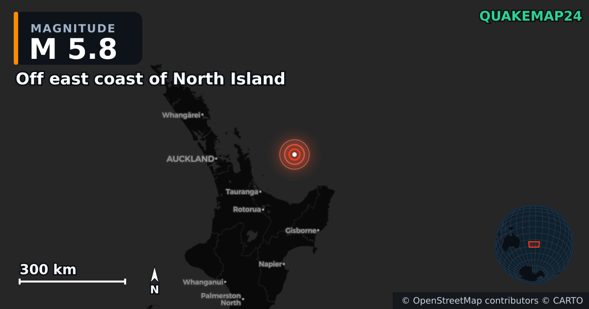 M5.8 earthquake near Off east coast of North Island on May 5, 2026 — map of epicenter and shaking intensity | QuakeMap24