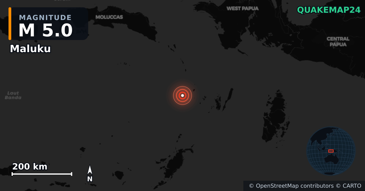M5.0 earthquake near Maluku on Sep 11, 2025 — map of epicenter and shaking intensity | QuakeMap24
