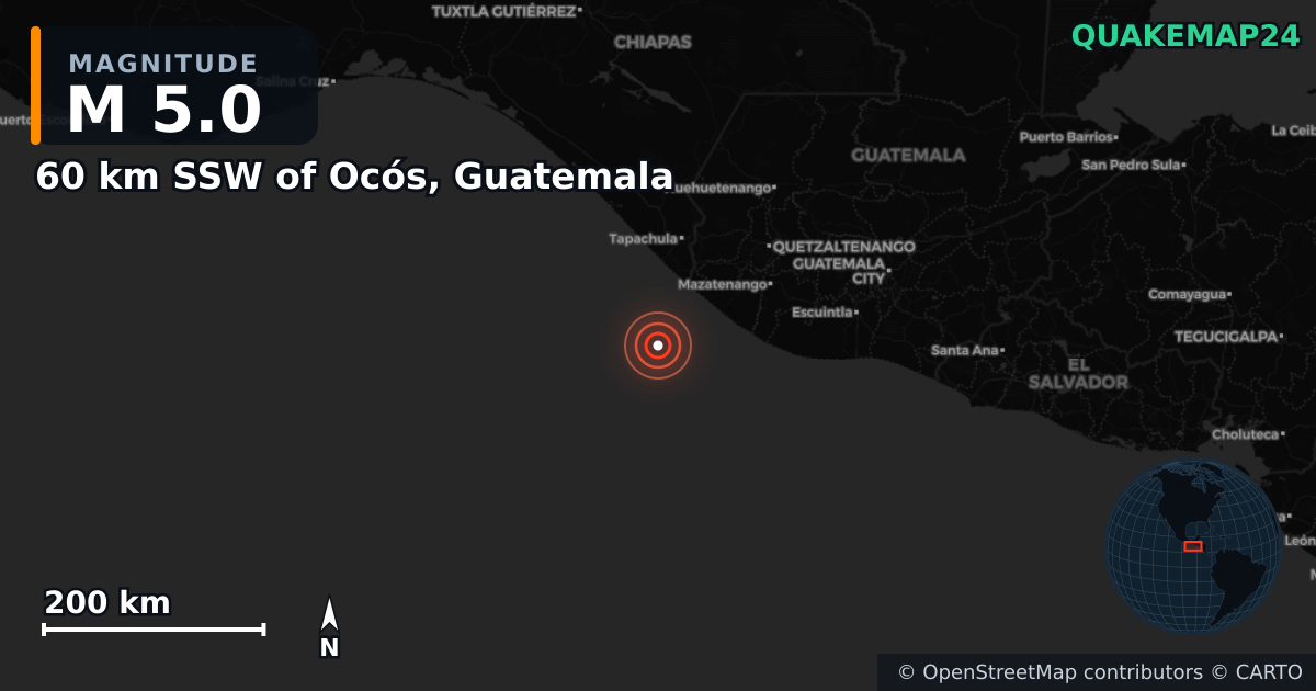 Terremoto de M5,0 cerca de 60 km SSW of Ocós, Guatemala · 2026-09-16 — Mapa de la ubicación del epicentro